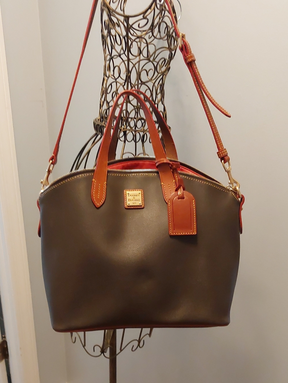 Dooney & Bourke Brown Leather Satchel with Tan Trim and Strap